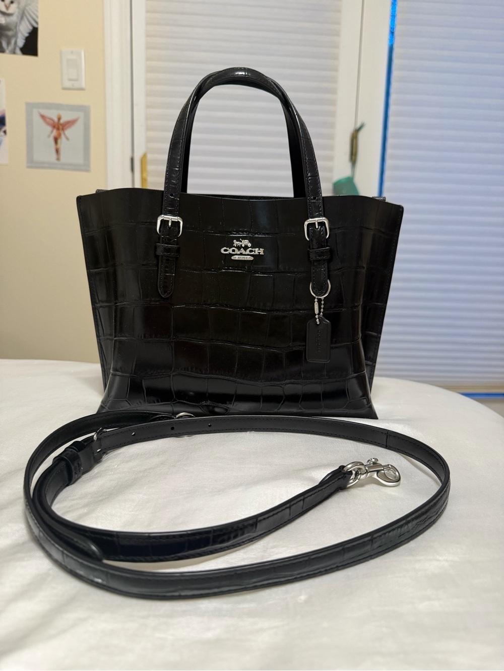 Coach Black Croc-Embossed Patent Leather Tote with Removable Strap